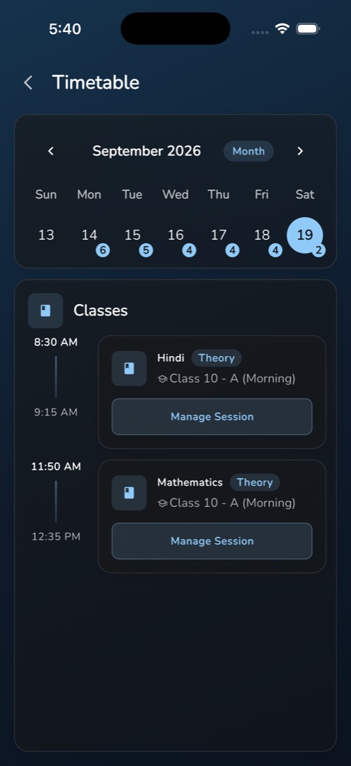 The calendar with period-count badges and the "Classes" list
