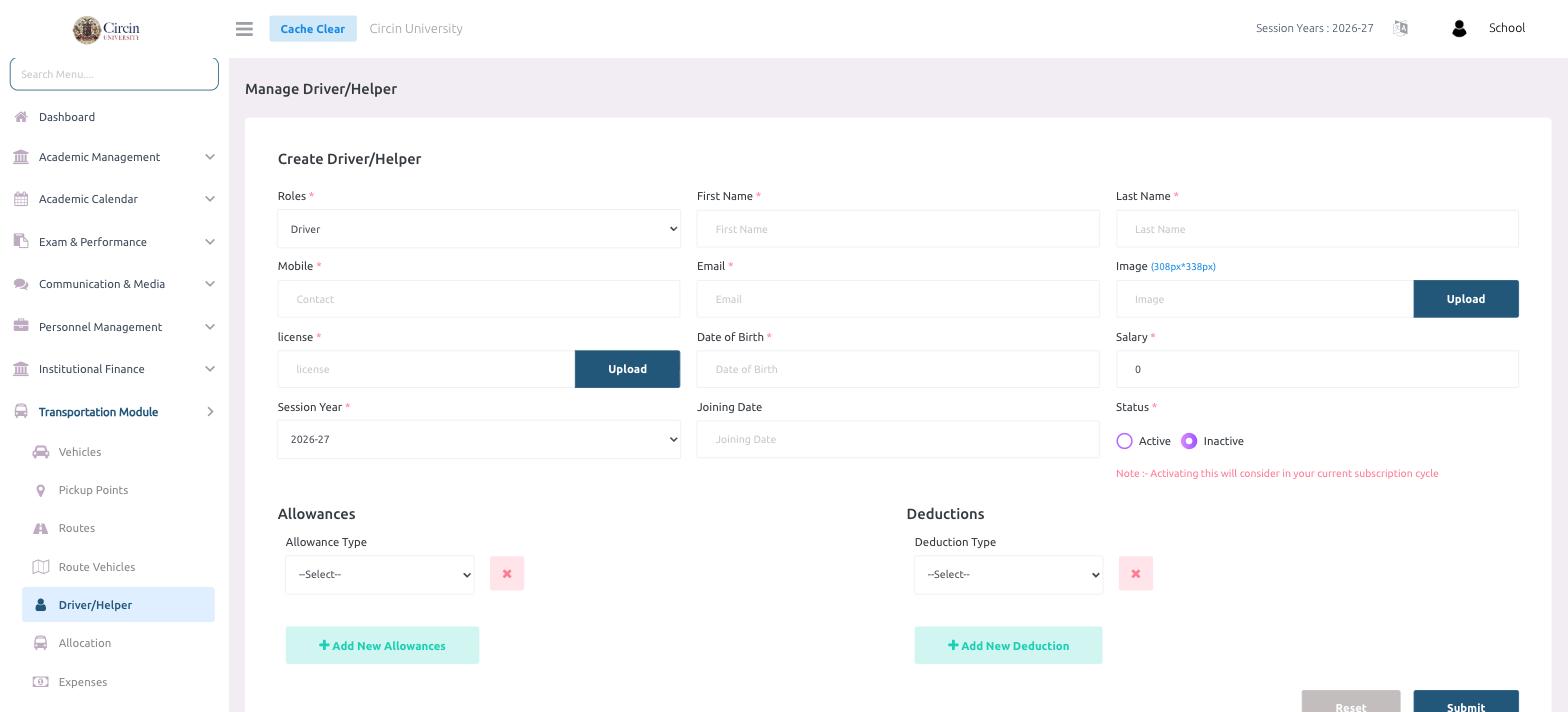 Circin Manage Driver/Helper page — the Create Driver/Helper form with role, name, contact, licence, salary and status fields, plus Allowances and Deductions sections