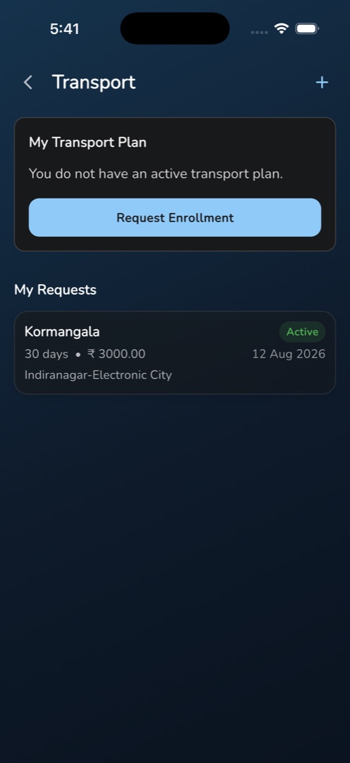 "Transport" showing "You do not have an active transport plan." and Request Enrollment