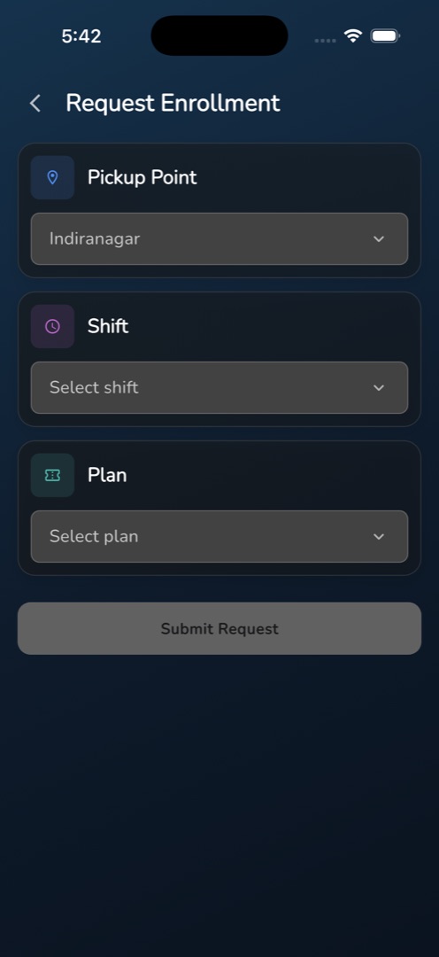 "Request Enrollment" with the pickup chosen and Shift and Plan now tappable