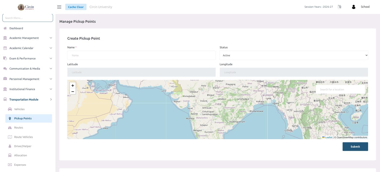 Circin Manage Pickup Points page — the Create Pickup Point form with Name, Status, Latitude and Longitude fields above an interactive map