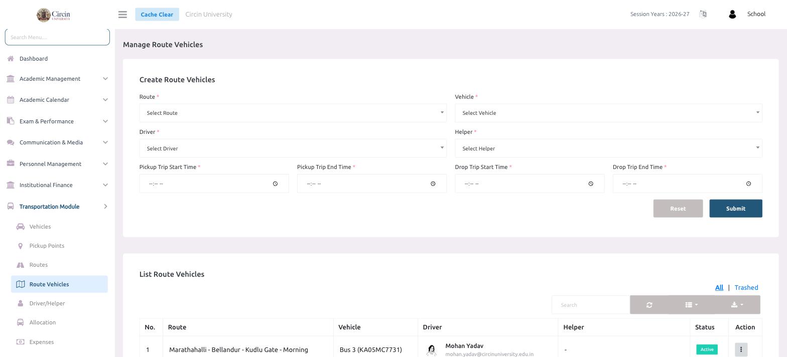 Circin Manage Route Vehicles page — the assignment form with Route, Vehicle, Driver, Helper and four trip-time fields, above the List Route Vehicles table