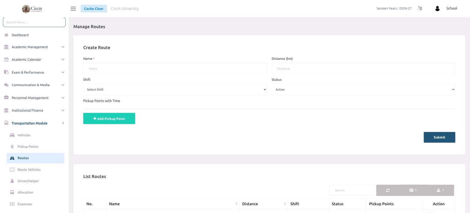 Circin Manage Routes page — the Create Route form with Name, Distance, Shift, Status and an Add Pickup Point button, above the List Routes table