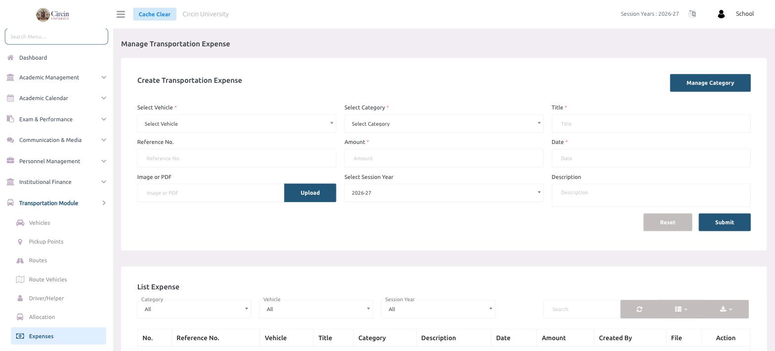 Circin Manage Transportation Expense page — the Create Transportation Expense form with vehicle, category, title, amount, date and receipt upload, above the List Expense table