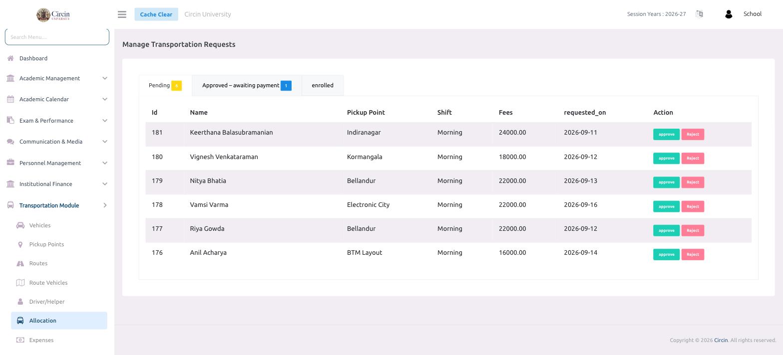 Circin Manage Transportation Requests page — the Pending tab listing student requests with pickup point, shift, fees and approve or reject actions