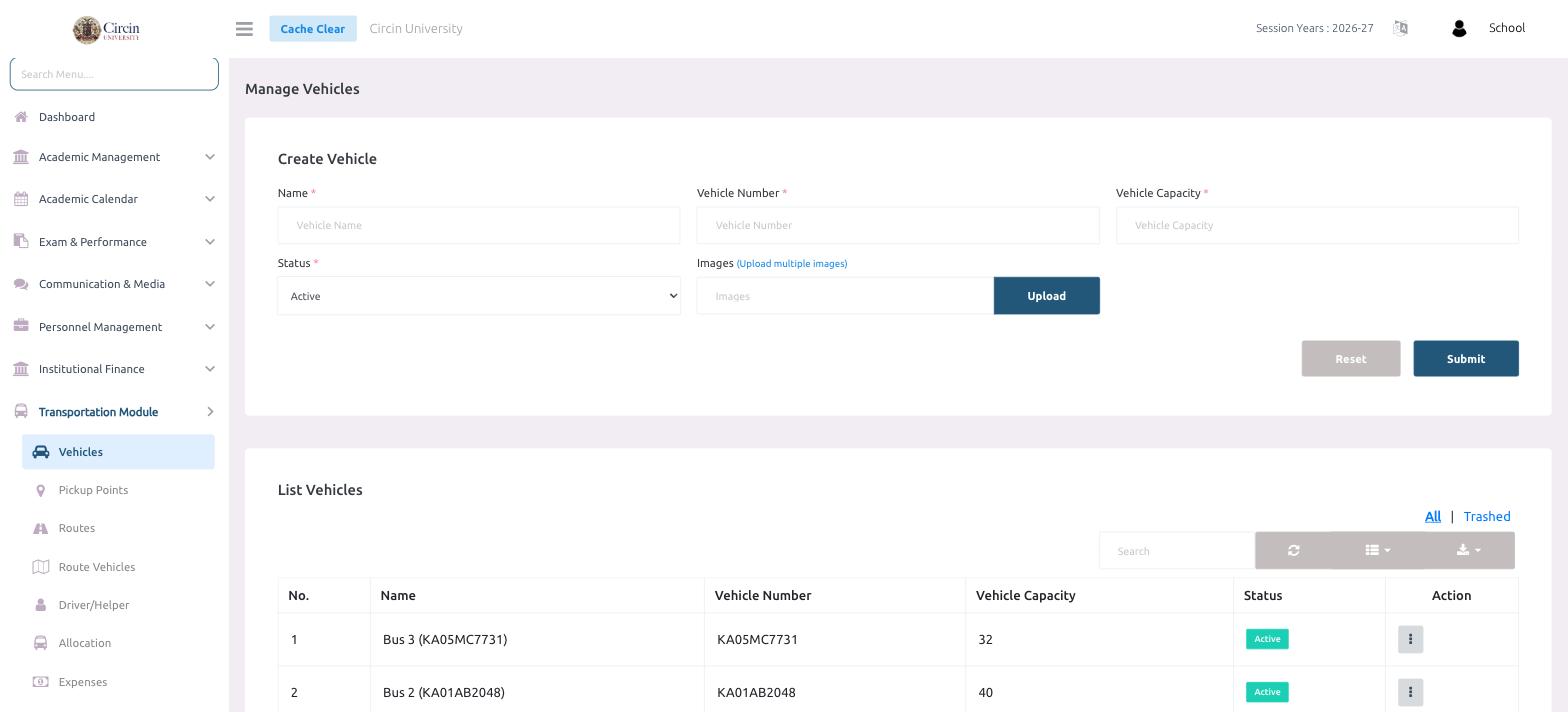 Circin Manage Vehicles page — the Create Vehicle form with Name, Vehicle Number, Vehicle Capacity, Status and image upload, above the List Vehicles table